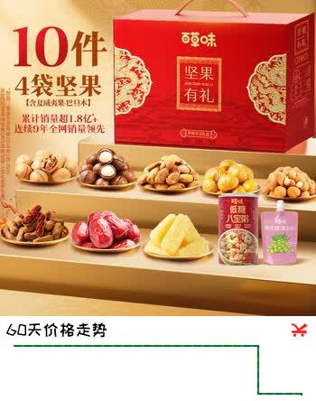 【9折】百草味坚果 零食礼盒1188g/10件 中秋节团购送礼https://u.jd.com/k1N3Hlb----普遍有货 | 下1件最优到手单价：36.9 -> 【35.8】