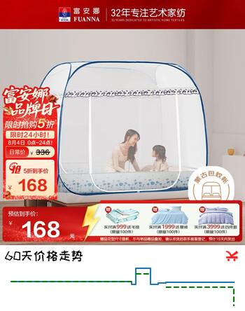 【5折】富安娜 家用蚊帐 防摔蒙古包蚊帐 三开门 1.8x2米床 白色 【免安装】https://u.jd.com/UrrgLHf----普遍有货 | 下1件最优到手单价：302.66 -> 【168】