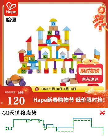 Hape(德国)儿童积木玩具木质100粒双面数字字母桶装宝宝新年礼物E8488