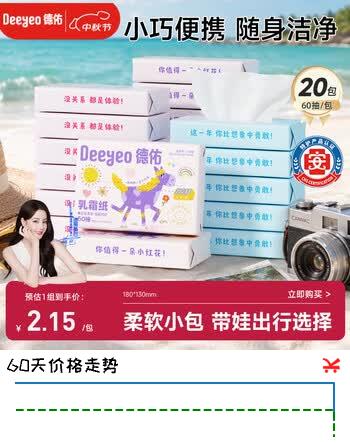 【6折】德佑婴儿云柔巾保湿纸巾乳霜纸60抽20包儿童超柔软抽纸便携小包纸巾https://u.jd.com/xGV6OvP----普遍有货 | 下4件最优到手单价：43.9 -> 【28.45】