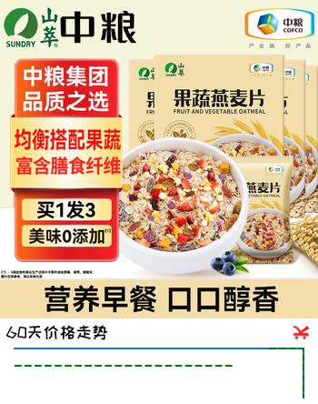 【8折】山萃（SUNDRY）中粮 燕麦片水果蔬麦片营养早餐高膳食纤维独立小包装35g10https://u.jd.com/417m8D0----普遍有货 | 下1件最优到手单价：109 -> 【90】