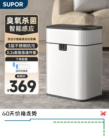苏泊尔（SUPOR）不锈钢智能感应垃圾桶15L白色【充电款&臭氧杀菌】抽绳一拉打包