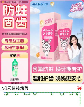 云南白药6-12岁儿童牙膏桃子果味60g云宝版含氟防蛀固齿换牙期宝宝专研