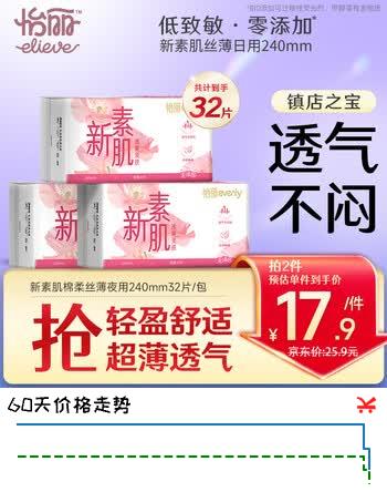 【6折】怡丽卫生巾超薄低致敏女生日用240mm32片京东自营官方旗舰店姨妈巾https://u.jd.com/xg1QkWZ----普遍有货 | 下4件最优到手单价：17.9 -> 【10.9】