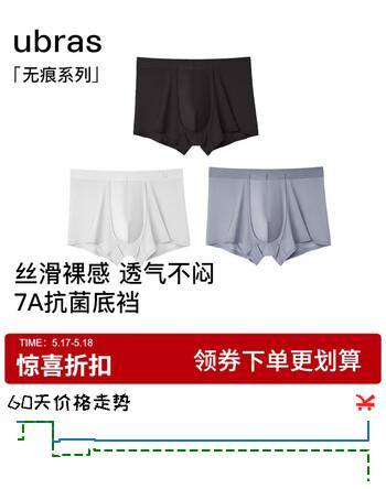 ubras60S莫代尔纯棉抗菌裆平角男士内裤男无痕透气中腰四角裤3条装-L