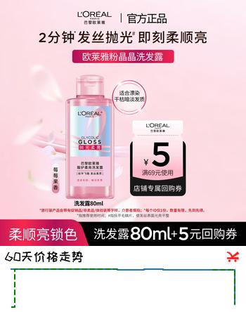 【4折】欧莱雅粉晶晶洗发露 闪耀柔顺改善干枯毛躁受损护理80ml试用旅行装https://u.jd.com/4OHYaHK----普遍有货 | 下1件最优到手单价：21.6 -> 【9.9】