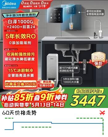 美的（Midea）省芯直饮冷热净水器套装【白泽1000G+管线机240D+前置24pro】0阻垢剂反渗透过滤 家用壁挂式净饮机
