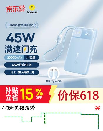 倍思3C认证可上飞机45W自带线充电宝20000毫安快充移动电源便携适用苹果17华为小米手机户外储能电源