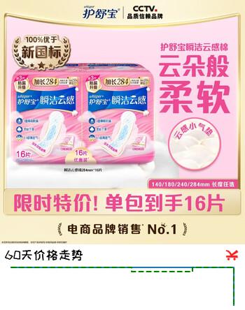 护舒宝瞬洁云感棉卫生巾量多日用284mm*16片夜用秒吸无香超薄姨妈巾袋装
