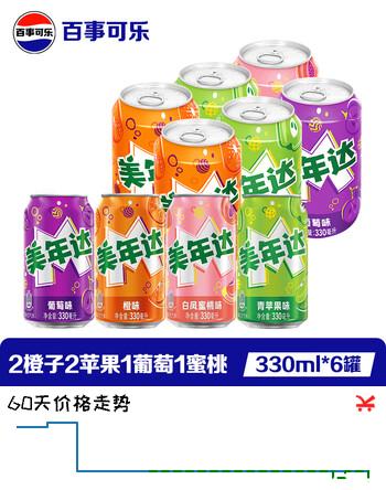 百事可乐 Pepsi 碳酸汽水饮料美年达经典罐整箱 百事出品 新老包装随机发 【4味混合】美年达330ml*6罐