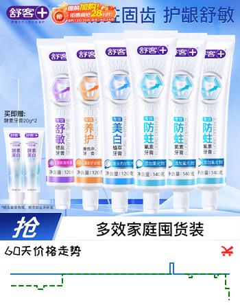 【7折】舒客牙膏全家桶 专效美白去渍防蛀护龈舒敏6支共780g家庭装 新旧随机https://u.jd.com/Ugh84C1----普遍有货 | 下2件最优到手单价：29.66 -> 【22.9】