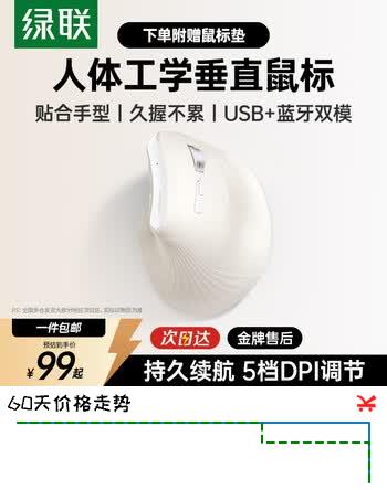 【7折】绿联人体工学鼠标垂直鼠标无线蓝牙鼠标立式鼠标竖握立体鼠标轻音办公鼠标护手鼠标防鼠标手适用笔记本 奶茶色【电池款丨新升级金属滚轮】 【2.4G无线 蓝牙】双模连接https://u.jd.com/9gkQvNv----普遍有货 | 下1件最优到手单价：89.09 -> 【69.6】