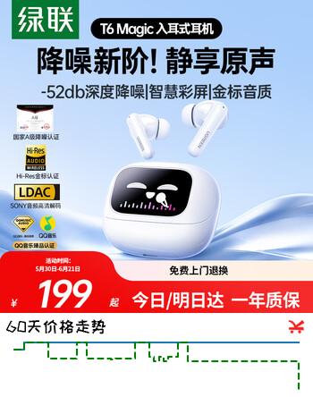 绿联蓝牙耳机T6Magic入耳式-52dB深度降噪耳机智能触控屏金标音质无线运动游戏适用苹果华为小米