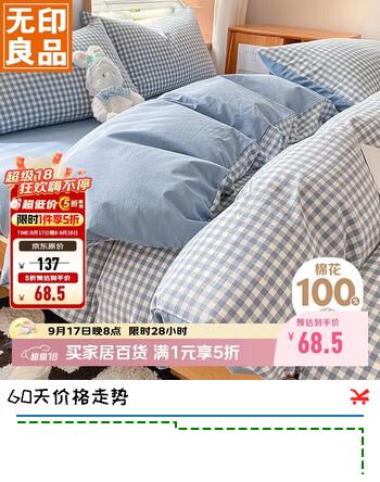 【5折】无印良品100%纯棉被套全棉双人学生宿舍床上用品被罩单件180220cmhttps://u.jd.com/4aIj1kq----普遍有货 | 下1件最优到手单价：122 -> 【68.5】