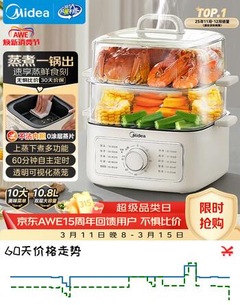 美的（Midea）电蒸锅电煮锅电火锅多功能锅家用电炒锅蒸蛋器蒸包子锅电热锅10.8升三层大容量多用途锅ZGE2323Z02