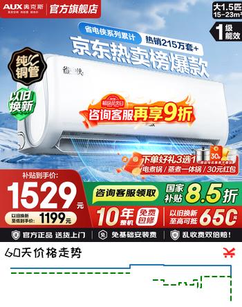 奥克斯（AUX）空调1.5匹挂机  新一级能效变频冷暖壁挂式空调 低噪省电 以旧换新  大1.5匹 一级能效省电侠【15-23平】