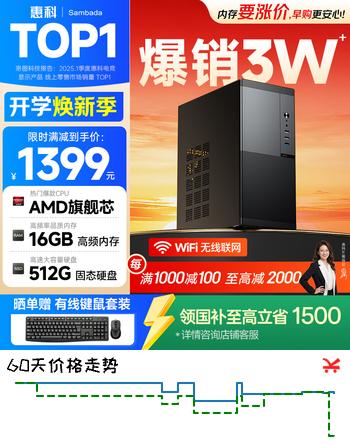 【7折】SAMBADA惠科HKC电脑主机国家补贴15% 办公家用台式主机电脑（AMD A9升A10 16G 512G WiFi双频）https://u.jd.com/xgRzA9C----普遍有货 | 下1件最优到手单价：1160.11 -> 【879】