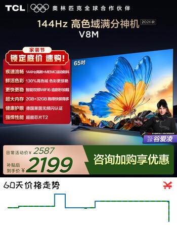 TCL电视 65V8M 65英寸 2026新款 144Hz高刷 万元级高色域 MEMC防抖 WiFi6 能效补贴 护眼电视