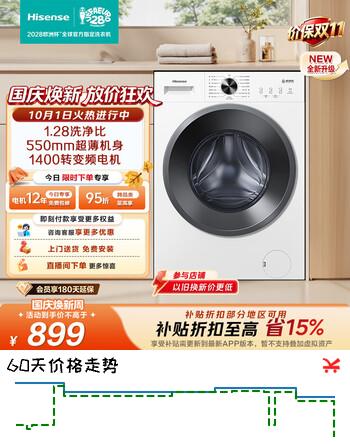 【9折】海信（Hisense）全自动滚筒单洗洗衣机 10KG超薄高洗净比一级能效小型家用WF100A1S 升级款以旧换新家电补贴https://u.jd.com/41xMci8----普遍有货 | 下1件最优到手单价：1057 -> 【960.3】