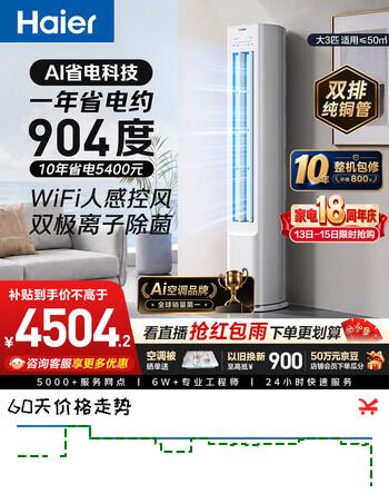 【8折】海尔空调 净省电plus大3匹柜机 新一级能效 外机双排纯铜管  国家补贴 KFR-72LW/E1-1Plushttps://u.jd.com/Ug5MrCp----普遍有货 | 下1件最优到手单价：5176 -> 【4589.15】