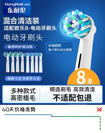东耐伦适配博朗欧乐B/OralB电动牙刷头D12/D16/D100/P2000/P4000/3709替换头 8支 深度清洁型+多角度清洁型牙刷头