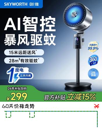 【8折】创维空气循环扇风扇家用落地扇智能AI语音电风扇遥控大风力摇头静音台地两用卧室循环扇 【AI语音驱蚊款】28m有效驱蚊 15米送风https://u.jd.com/9DonSZW----多半有货 | 下1件最优到手单价：311.76 -> 【251】