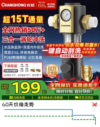 【8折】长虹（CHANGHONG）前置过滤器家用15T净水器 【全网热销50万 】新款 三合一涡轮刮洗 一键全自动冲洗 全屋中央净水机 【超15T/一键自动刮洗】-自行安装https://u.jd.com/UrO9CQw----普遍有货 | 下1件最优到手单价：211.5 -> 【179.1】