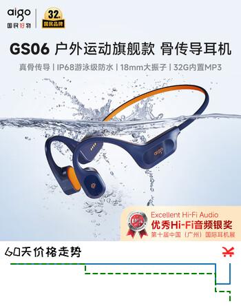 爱国者（aigo）骨传导蓝牙运动游泳耳机 IP68级防尘防水32G内存开放无线骑行跑步挂耳式GS06藏蓝