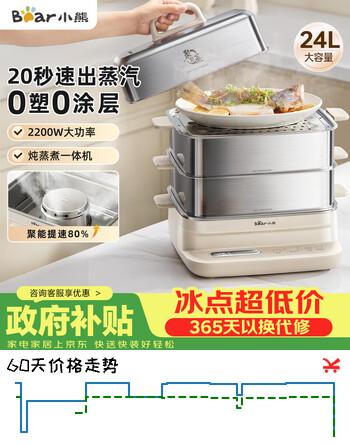 【7折】小熊（Bear）聚能蒸电蒸锅 炖蒸煮一体自动断电全钢0涂层3层蒸锅 24L不锈钢大容量多功能锅 DZBB3W1https://u.jd.com/UrWoQ1h----普遍有货 | 下1件最优到手单价：454 -> 【321.3】