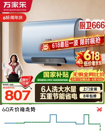 万家乐B3R1国家补贴  超薄双胆 9倍大水量 一级能效 储水式家用洗澡 上门安装 60升扁桶电热水器