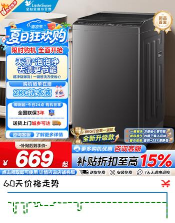 【8折】小天鹅（LittleSwan）波轮洗衣机 小型全自动家用 8公斤大容量 宿舍租房神器 免清洗不脏桶 除螨 省水省电更节能 【行业爆款】 波轮 8kg |TB8V28Thttps://u.jd.com/U1V2mV9----普遍有货 | 下1件最优到手单价：997 -> 【836】
