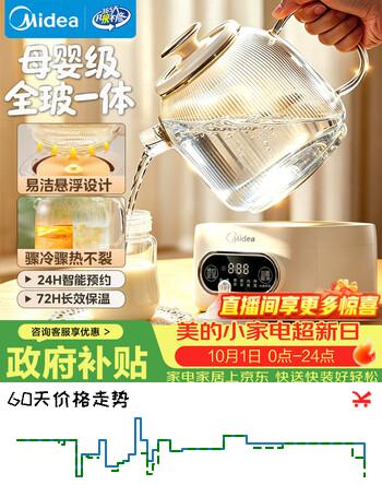 【8折】美的（Midea）0胶水全玻璃全自动养生壶家用多功能恒温水壶辅食机泡奶机 烧水壶电热水壶煮茶器1L MK-YS10B101https://u.jd.com/4DkFAwn----普遍有货 | 下46件最优到手单价：119.21 -> 【96.95】