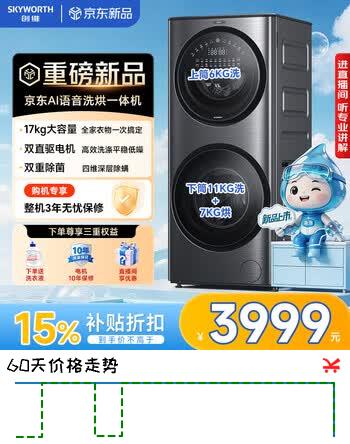 【7折】创维泡泡洗衣机分区洗烘子母双筒一体洗衣机17KG洗衣机滚筒全自动直驱变频高温空气洗 XQGF170DHihttps://u.jd.com/Ug8506U----多半有货 | 下1件最优到手单价：5999 -> 【4704】
