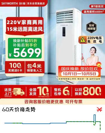 【9折】创维中央空调5匹柜机冷暖五匹一级变频商用立柜式【220V 包4米铜管】KFR-120LW/V3BB1A-N1LA双排铜管https://u.jd.com/FGI3PP3----普遍有货 | 下1件最优到手单价：6554 -> 【6029.91】