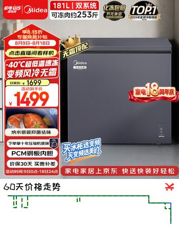 【8折】美的无霜王181L单温家用冰柜风冷无霜变频省电-40度超低温冷柜冷藏冷冻一级能效冰箱BD/BC-181WKEMShttps://u.jd.com/U1cuz0i----多半有货 | 下1件最优到手单价：1424.05 -> 【1219】