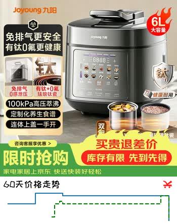 【8折】九阳免排气有钛0氟珐琅瓷釜6L升电压力锅100kPa双胆316L不锈钢高压锅大容量多功能全自动电饭锅压力煲 【百千帕有钛0氟双胆】 6Lhttps://u.jd.com/UDqqMdl----普遍有货 | 下1件最优到手单价：703.5 -> 【579】