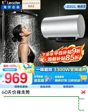 【9折】海尔电热水器80升大容量3300W变频巨能洗速热一级能效镁棒免更换统帅海尔出品 80L 3300W 一级能效变频双管超大水量Leaderhttps://u.jd.com/FDIqt9V----普遍有货 | 下1件最优到手单价：1139.99 -> 【1139.98】