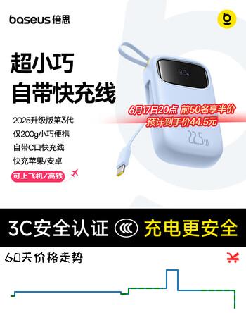 倍思【国标3C认证】充电宝10000毫安22.5W自带C线移动电源上飞机适用于苹果华为小米手机户外储能电源