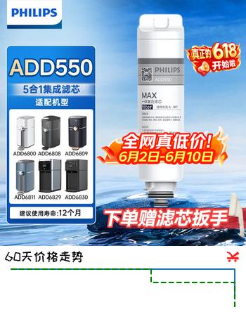 飞利浦（PHILIPS）净水器滤芯ADD550/00反渗透五合一复合原装滤芯 适配直饮水机净饮机ADD6800/6801/6811/6829/6830 单只装