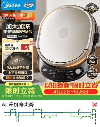 美的（Midea）电饼铛 家用双面加热煎烤机烙饼电煎饼锅34大尺寸加深烤盘上下盘可拆洗早餐机烤肉电饼档 JKE3478