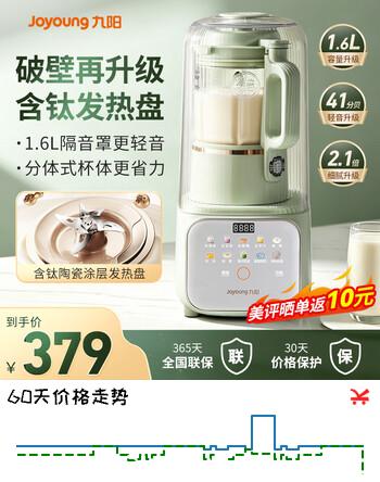 【8折】九阳破壁机全自动免煮家用豆浆机3-4人用 有钛轻音免滤分体式杯体大容量智能免洗五谷杂粮早餐机榨汁机 P919pro升级版单杯 1.6Lhttps://u.jd.com/FaKJK90----普遍有货 | 下1件最优到手单价：344 -> 【303.2】