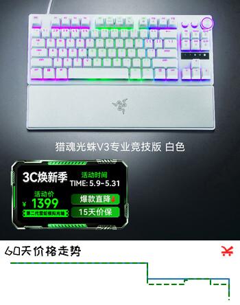 雷蛇（Razer）猎魂光蛛V3专业版 电竞游戏键盘办公键盘 模拟光轴可调节触发游戏外设 猎魂光蛛V3专业竞技版 白色【87键 模拟光轴】