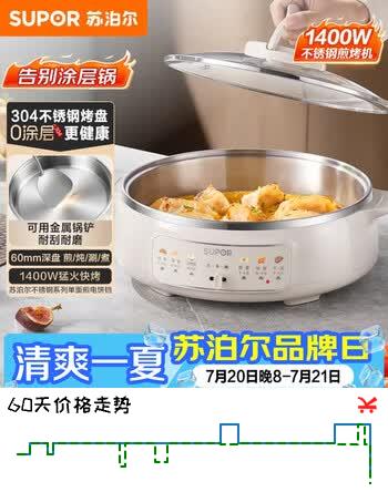 苏泊尔（SUPOR）电饼铛 0涂层 不锈钢电饼档家用 煎饼锅烤肉锅 烙饼锅早餐机煎烤机火锅煮锅 60mm加深 JT30A819