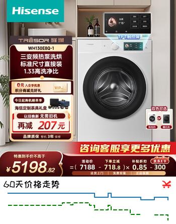 【9折】海信（Hisense）璀璨棉花糖热泵家用全自动滚筒洗衣机 E8Q洗烘一体机 13kg超大容量三变频活水洗 以旧换新国家补贴 滚筒洗烘https://u.jd.com/k1etaS2----普遍有货 | 下1件最优到手单价：6230 -> 【5769】