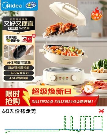 美的（Midea）电火锅 电煮锅蒸锅 火锅专用锅分体式多功能锅电热锅4.5L多功能锅HGE3036