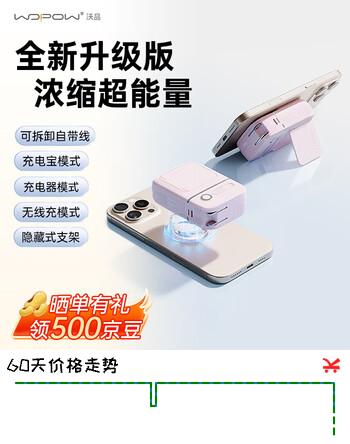 沃品（WOPOW）【3c认证】磁吸充电宝 10000毫安 快充自带线带插头手机支架AC五合一充电器支持苹果华为小米 白色