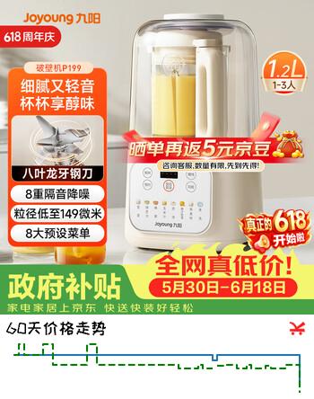 九阳（Joyoung）【价低头部主播9折】壁机家用全自动豆浆机轻音榨汁1.2L精巧小型 P199 国家补贴【价保618】