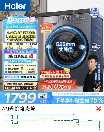 海尔（Haier）全自动滚筒洗衣机单洗 12公斤超薄家用大容量全家筒 L52D1八维减震525大筒径一级能效家电换新补贴