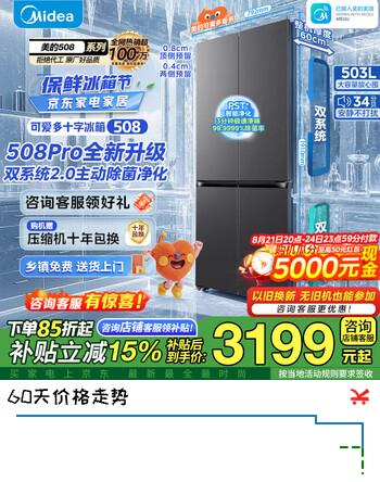 【8折】美的（Midea） 508Pro可爱多系列60cm薄零嵌入十字四开门冷藏冷冻双净味双系统503升家用风冷冰箱 MR-508WUSPZE 星尘黛https://u.jd.com/kgDqMhY----普遍有货 | 下1件最优到手单价：3762.9 -> 【3292.19】