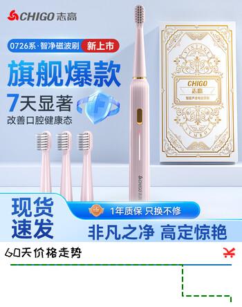 志高智能电动牙刷成人学生儿童情侣声波牙刷自动充电牙刷洁牙仪器生日礼物教师同价11.11实用送男女友 粉色【送四刷头】 【和主机一起发出】志高包装配件赠品
